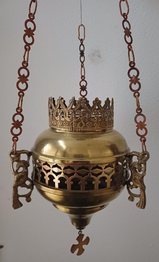 Antiek grote koperen godslamp en blank glaasje, Ophalen of Verzenden