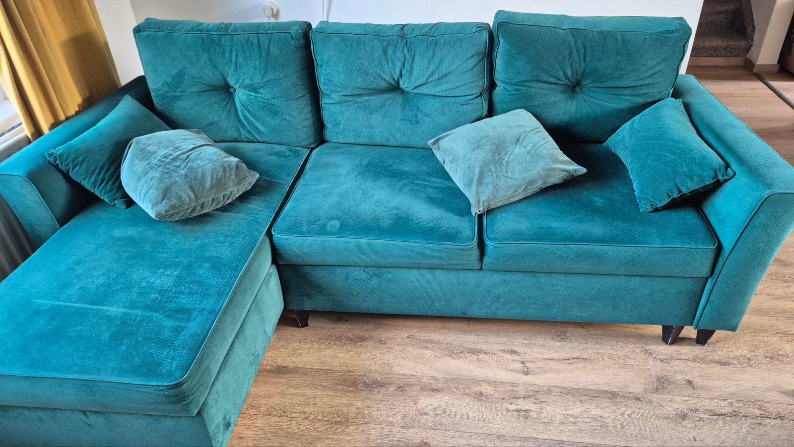 Groene slaapbank met chaise longue, Ophalen, Gebruikt, 100 tot 125 cm, Hoekbank