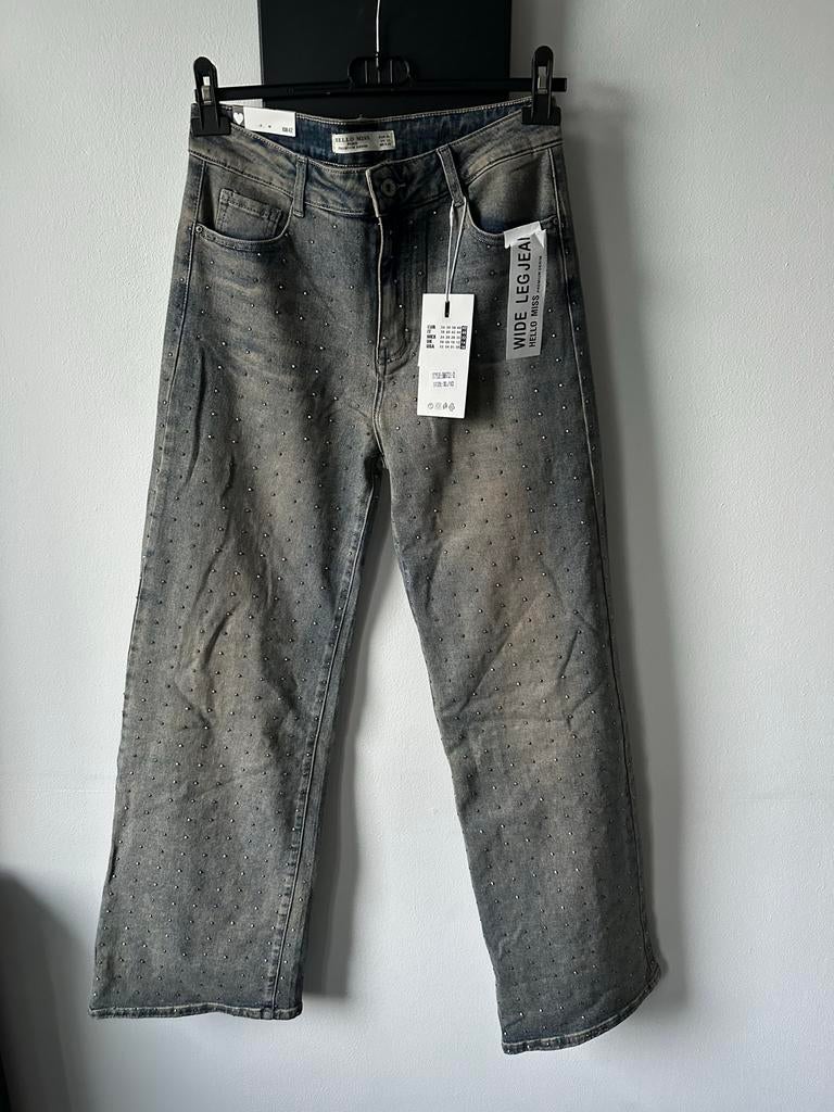 Nieuwe Hello Miss Wide Leg Jeans met Steentjes - Maat 40, Ophalen of Verzenden, Zo goed als nieuw, Grijs, W30 - W32 (confectie 38/40)