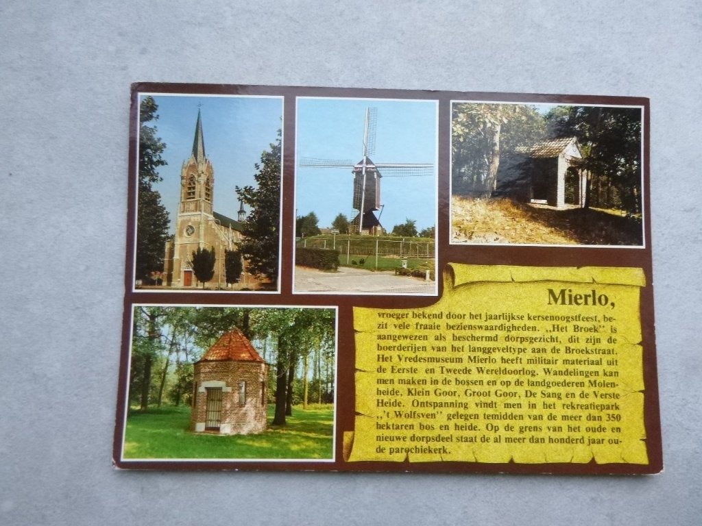 Mierlo, tekst  molen/kerk 1987, Verzamelen, Verzenden, 1980 tot heden, Gelopen, Noord-Brabant