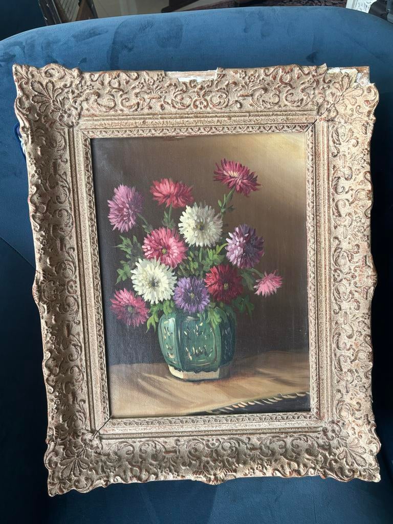 Schilderij met bloemen in vaas - Aster boeket, Antiek en Kunst, Ophalen