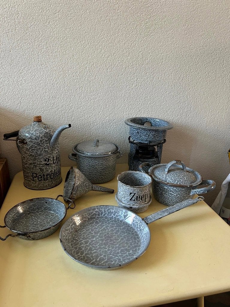 8-delige set vintage grijs gewolkt emaille brocante, Antiek en Kunst, Antiek | Emaille, Ophalen of Verzenden