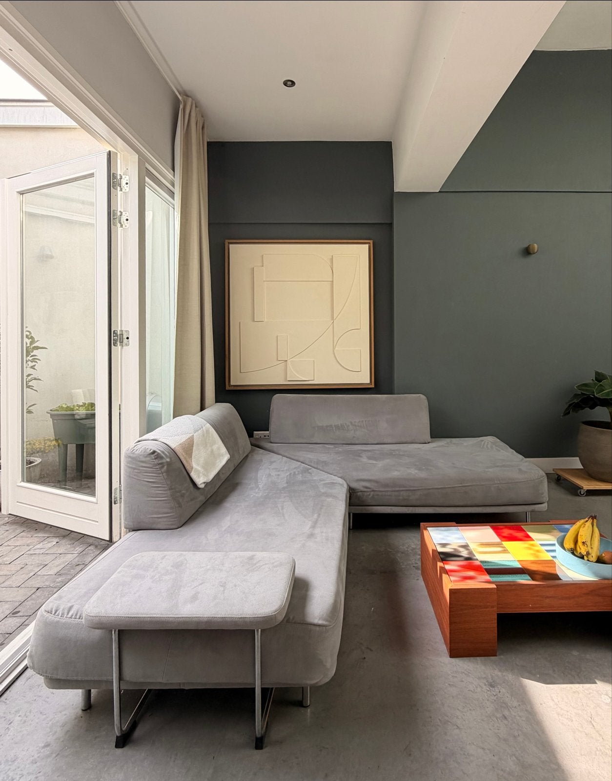 Modulaire Hoekbank Sur Plus - Grijs Alcantara met Chrome, Ophalen, Gebruikt, Hoekbank, 75 tot 100 cm