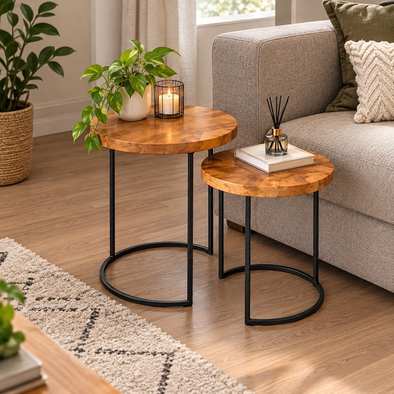 Set van 2 ronde salontafels - Hout en Metaal, Huis en Inrichting, Ophalen, Teakhout, Modern, Industrieel, Rond