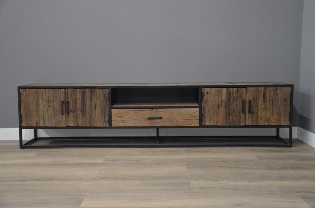 Tv meubel ijzer oud teak 240 cm, Verzenden, Nieuw, Hout