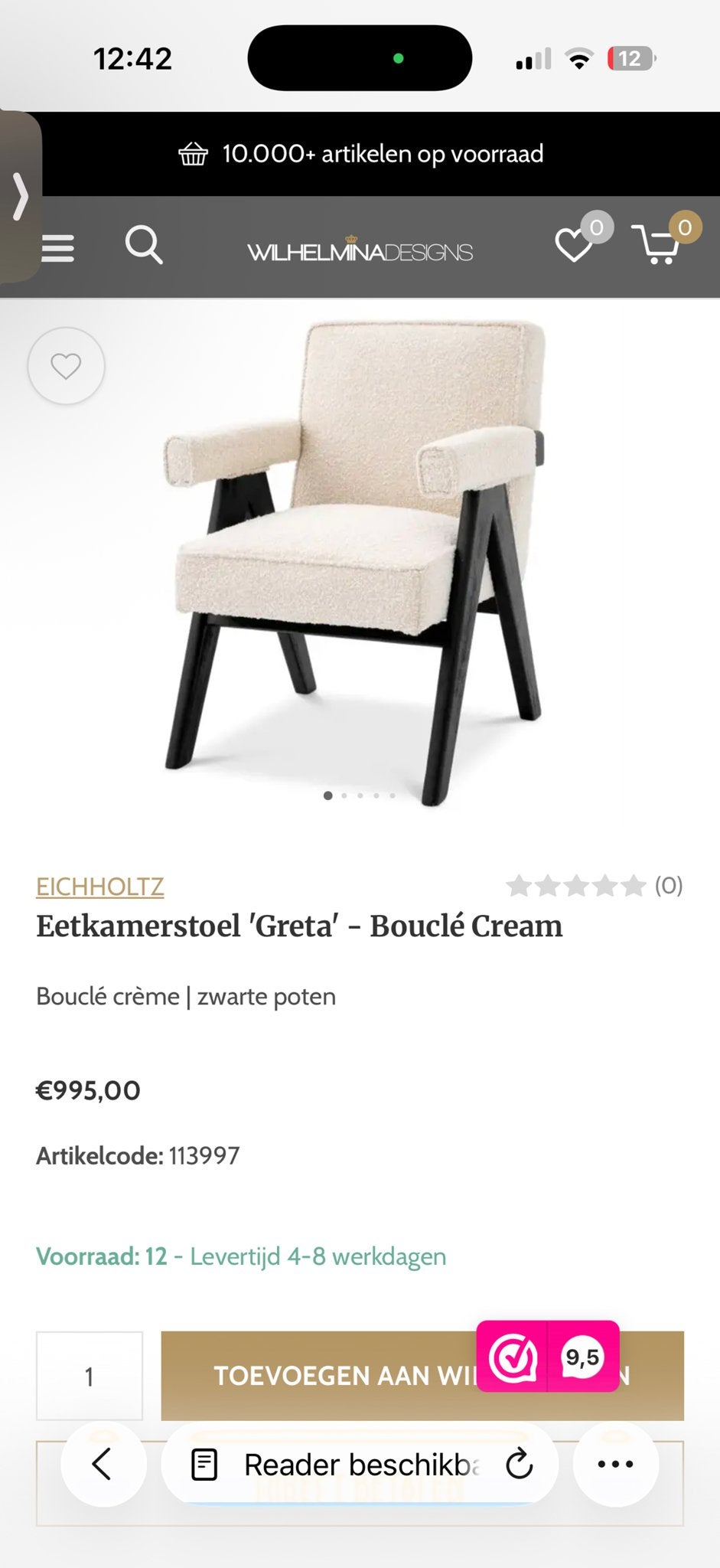 4x Eichholtz Eetkamerstoel 'Greta' - Bouclé Crème, Huis en Inrichting, Ophalen, Overige kleuren, Nieuw, Eén