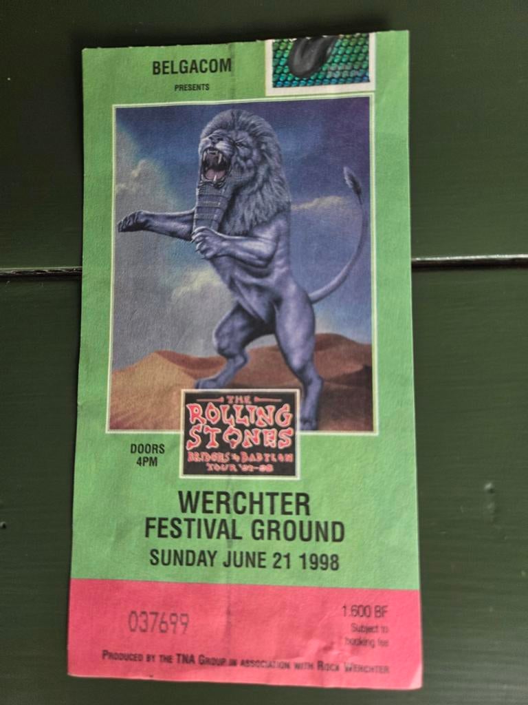 Concertkaart The Rolling Stones Werchter 21 juni 1998, Verzamelen, Ophalen of Verzenden, Zo goed als nieuw, Overige typen
