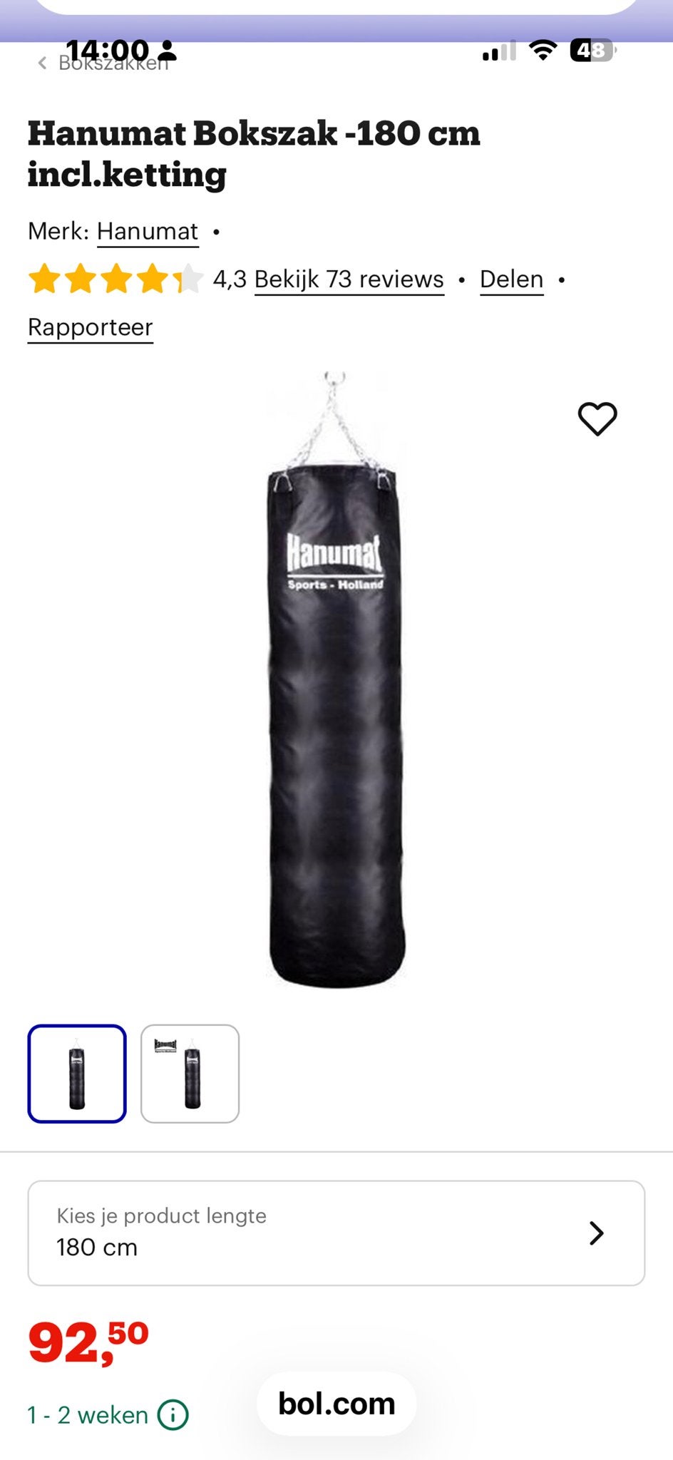 Hanumat Bokszak 1.80m - Ideaal voor training, Sport en Fitness, Boksen, Ophalen, Gebruikt, Bokszak