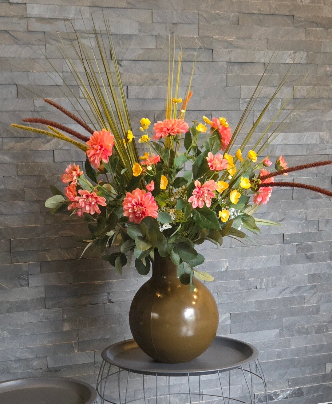 Kunstbloemenboeket met dahlia's & eucalyptus in XL vaas 30cm, Ophalen, Binnen, 90 cm, Handgemaakt