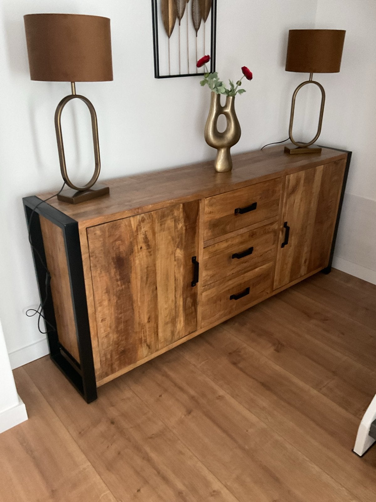 Mango dressoir 190x45x85 cm met lades en deuren, Ophalen, 150 tot 200 cm, Zo goed als nieuw, Met lade(s)