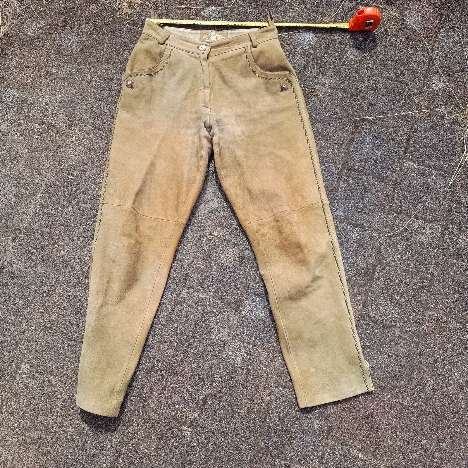 Lederhose 46 S unisex lang St. Moritz echt geiten leer, Overige thema's, Kleding, Gedragen, Maat 46 (S) of kleiner