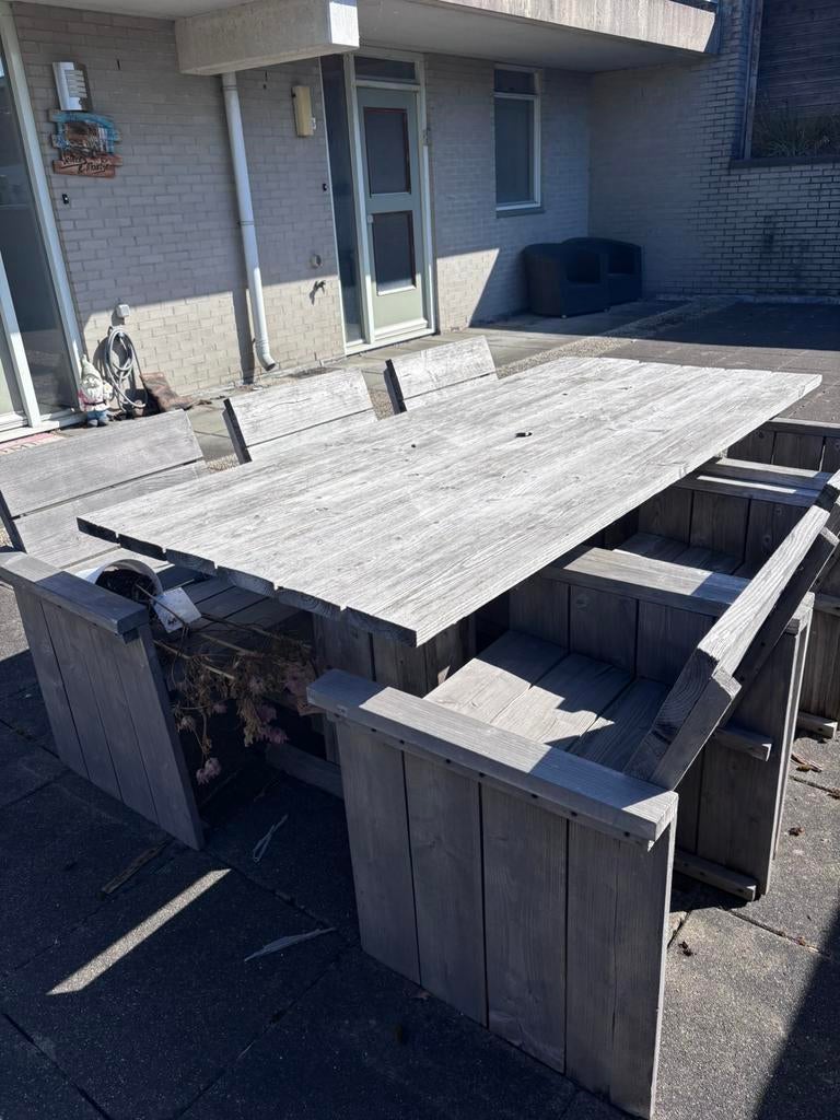 Robuuste tuinset met 6 stoelen, Ophalen, Gebruikt, 6 zitplaatsen, Steigerhout