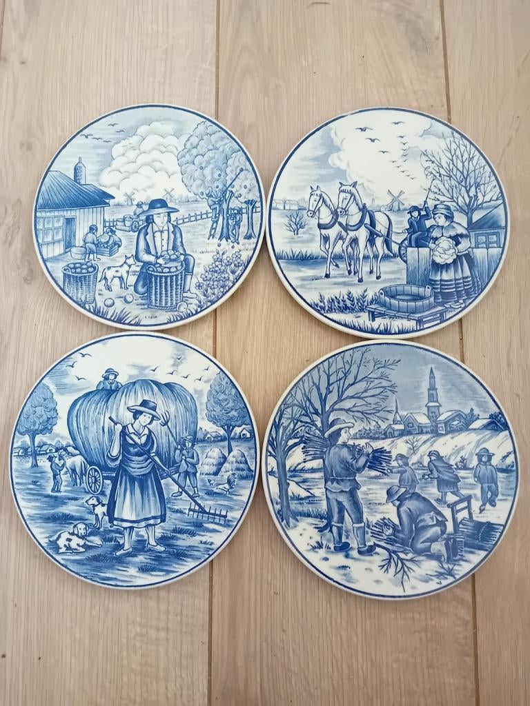 Set van 4 Royal Delfts Blauw Jaargetijde Wandborden, Ophalen of Verzenden