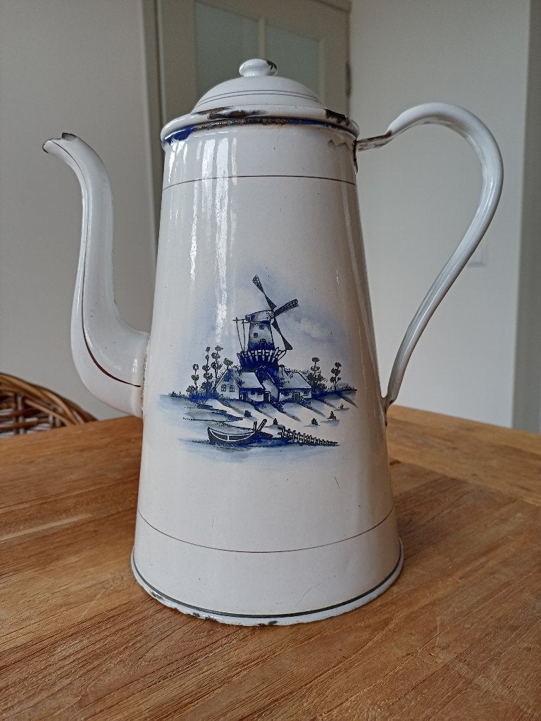 GROTE emaille koffiekan wit met blauw/print, Antiek en Kunst, Ophalen of Verzenden