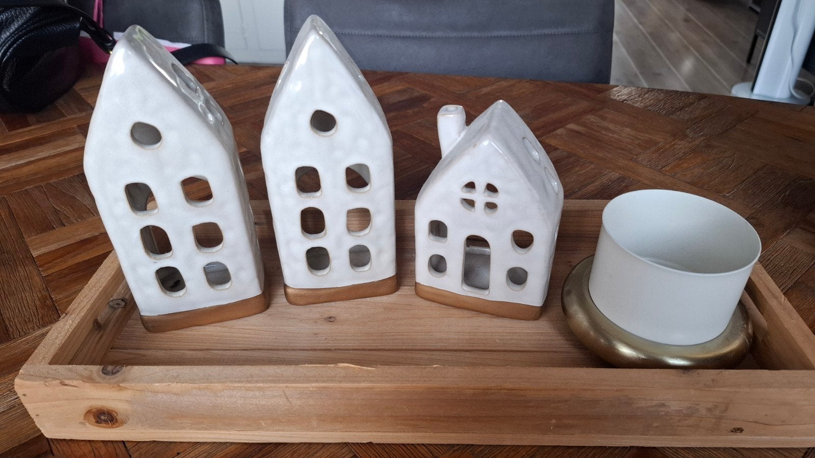 Set van 3 keramische huisjes en 1 waxinelichthouder, Ophalen of Verzenden