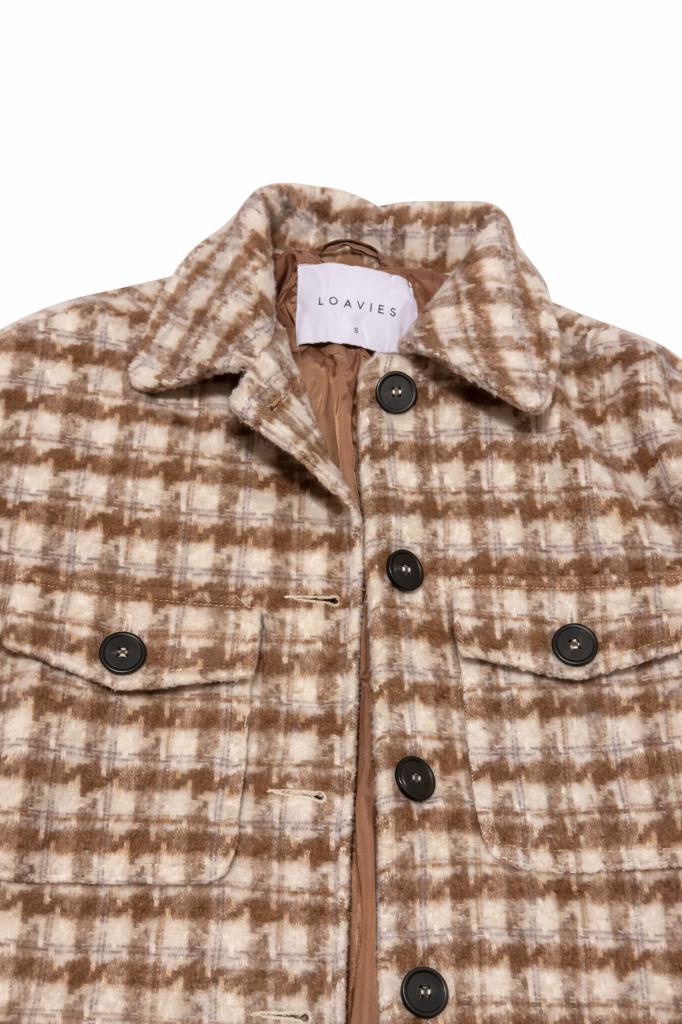 LOAVIES geruite jas / shacket – maat S – bruin/beige, Kleding | Dames, Jassen | Winter, Zo goed als nieuw, Maat 36 (S), Bruin
