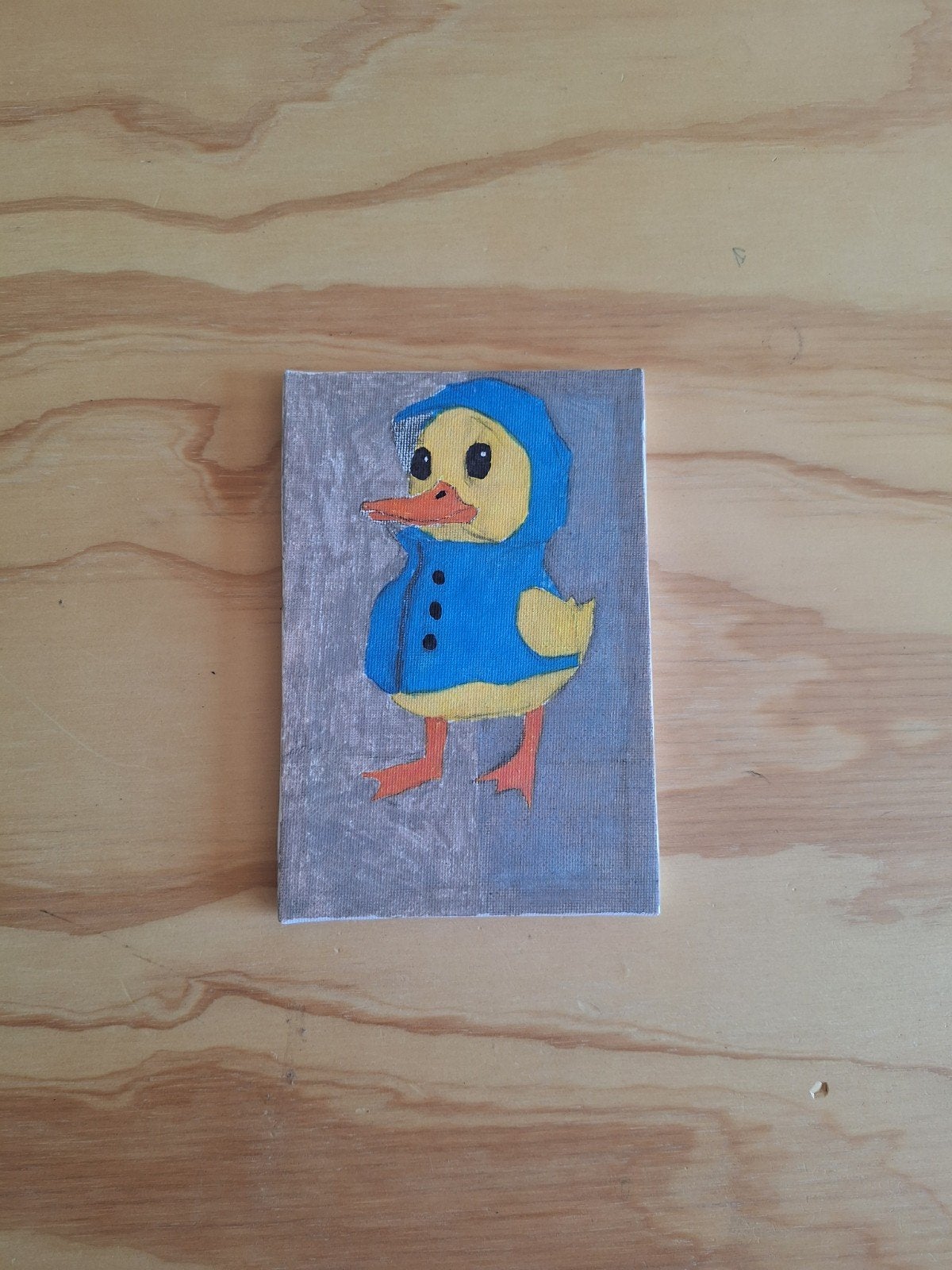 Schattig handgeschilderd eendje in blauwe jas, Acrylverf, Handgeschilderd, Ophalen of Verzenden, Dieren