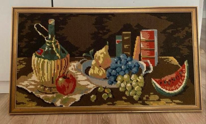 Antiek gobelin geborduurd  & ingelijst -62x35 cm-, Ophalen of Verzenden, Overige typen