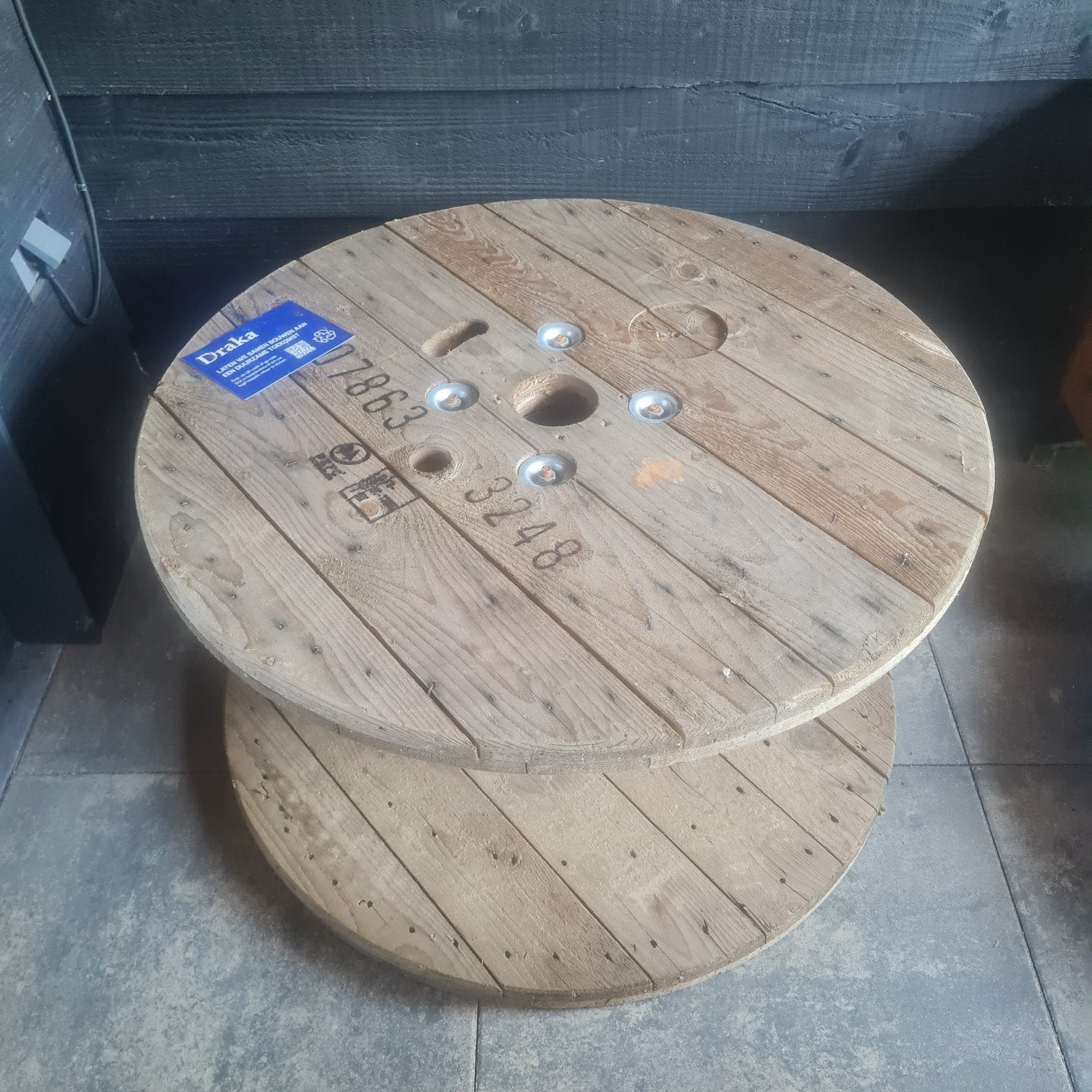 Unieke houten kabelhaspel - perfect als salontafel, Ophalen, Gebruikt, 50 tot 100 cm, Rond