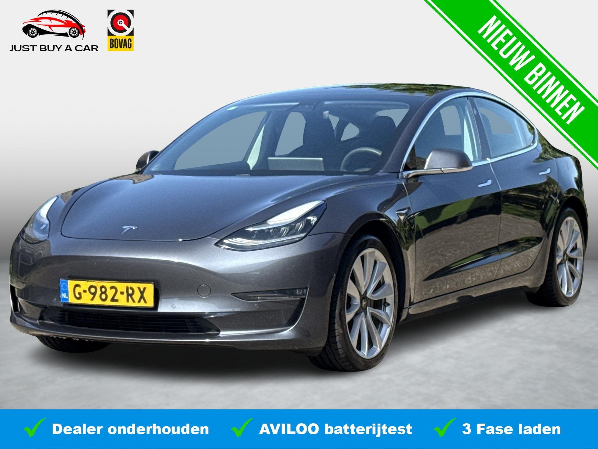 Tesla Model 3 Long Range AWD 75 kWh SOH 86,8% / 19'' Lichtme, Auto's, Stof, Zwart, Met garantie (alle), Electronic Stability Program (ESP)