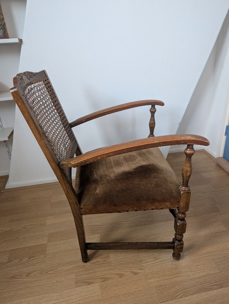 GRATIS vintage stoel met velours zitting en rieten leuning., Antiek en Kunst, Ophalen