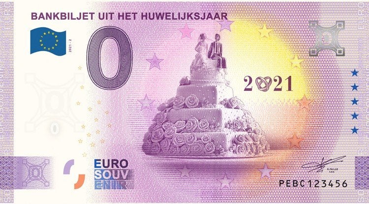 0 Euro biljet bankbiljet uit het huwelijksjaar 2021, Ophalen of Verzenden, Overige landen