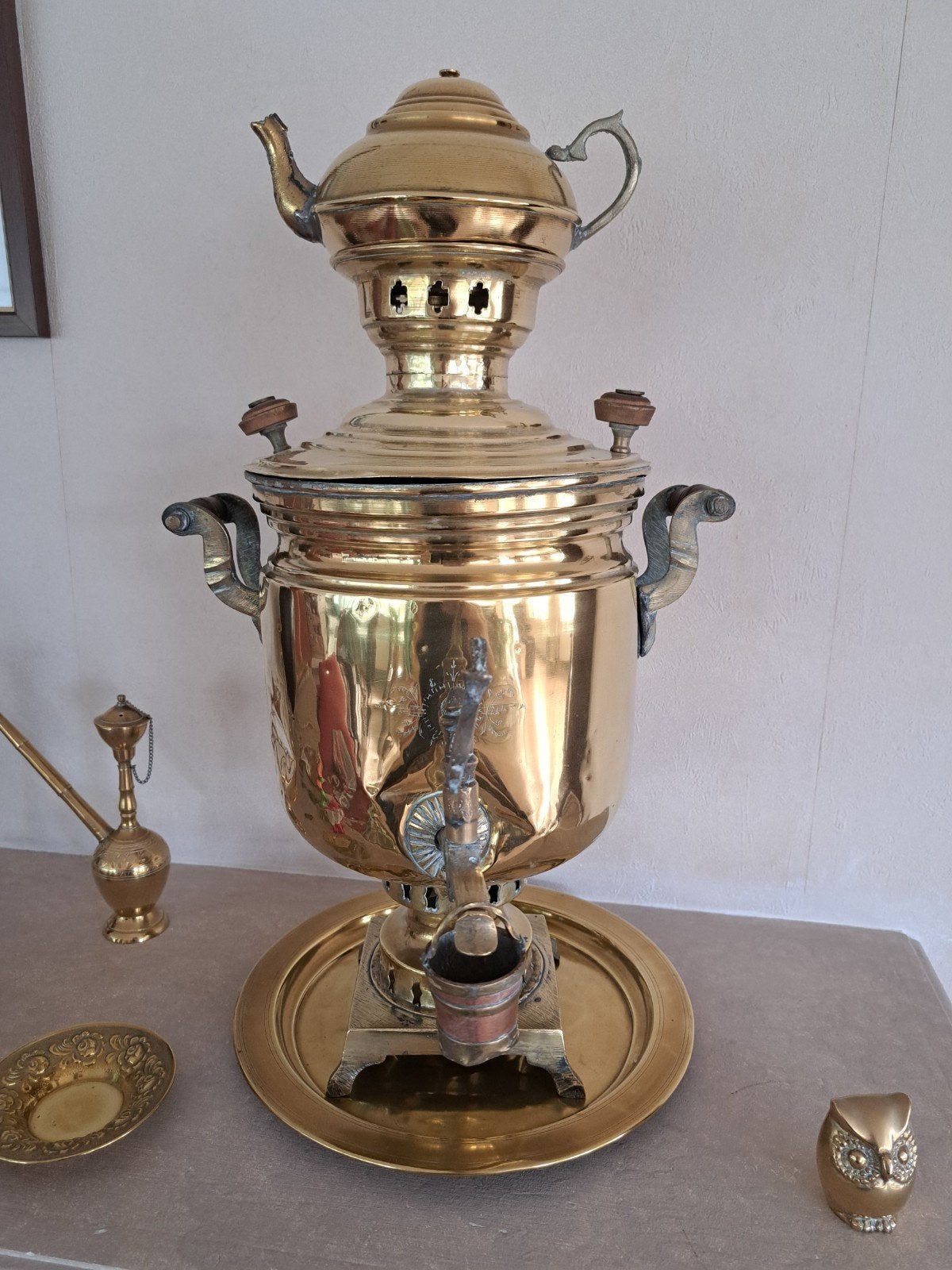 Antieke Koperen Samovar met Theepot, Ophalen, Koper