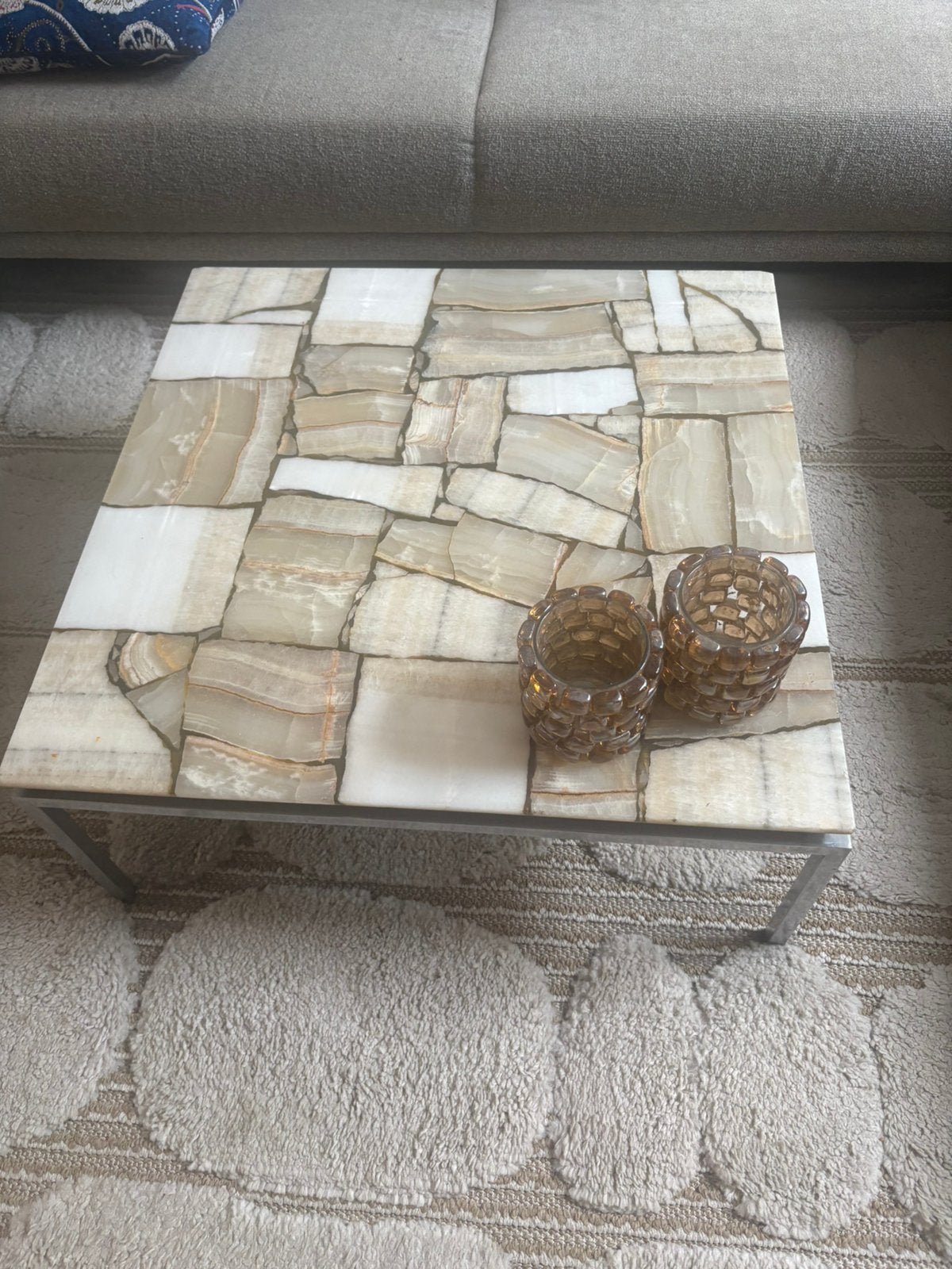 Prachtige Design Salontafel Onyx met Stalen Onderstel, Huis en Inrichting, Tafels | Salontafels, Ophalen, 50 tot 100 cm, Vierkant