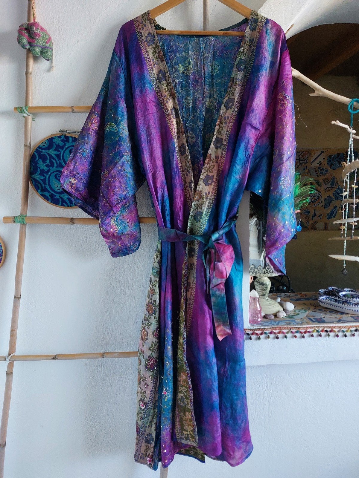 Zijden kimono met pailletten,laten maken in India, Maat 38/40 (M), India, Verzenden, Paars