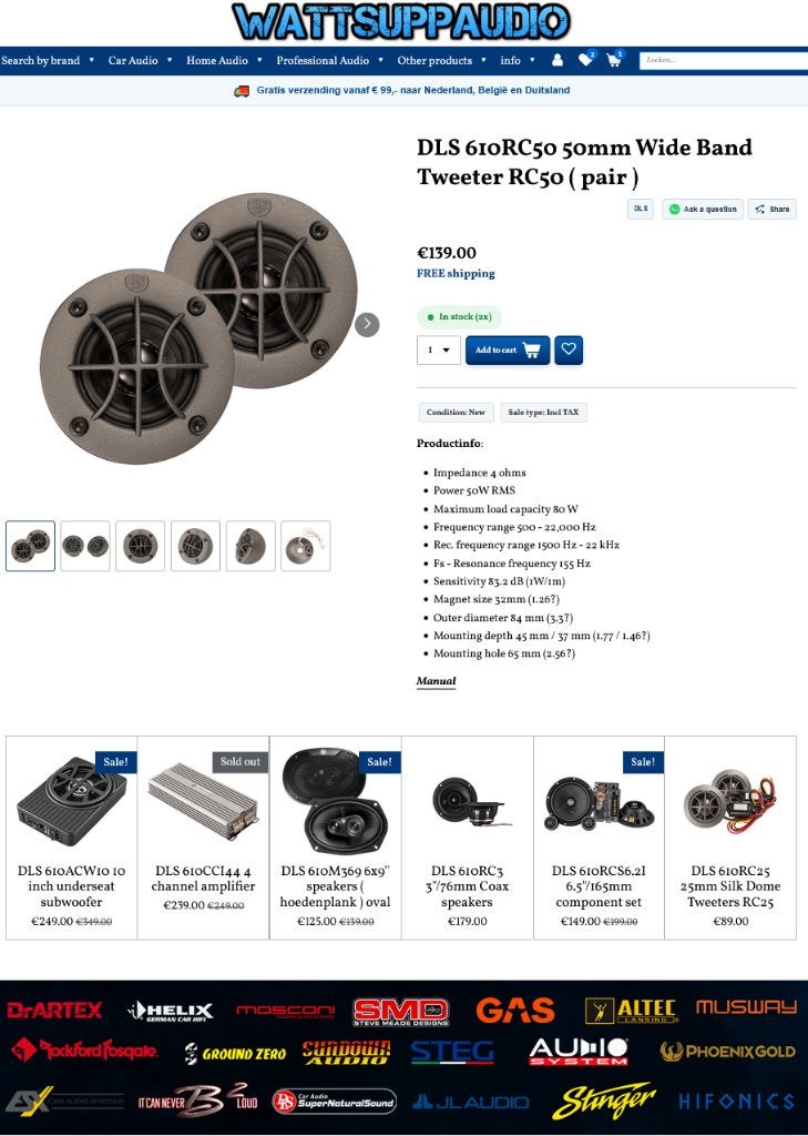 DLS 610RC50 50mm Wide Band Tweeter RC50, Info@optimount.nl, Nieuw, Ophalen of Verzenden, Anholtseweg 48A 7091 HB DINXPERLO