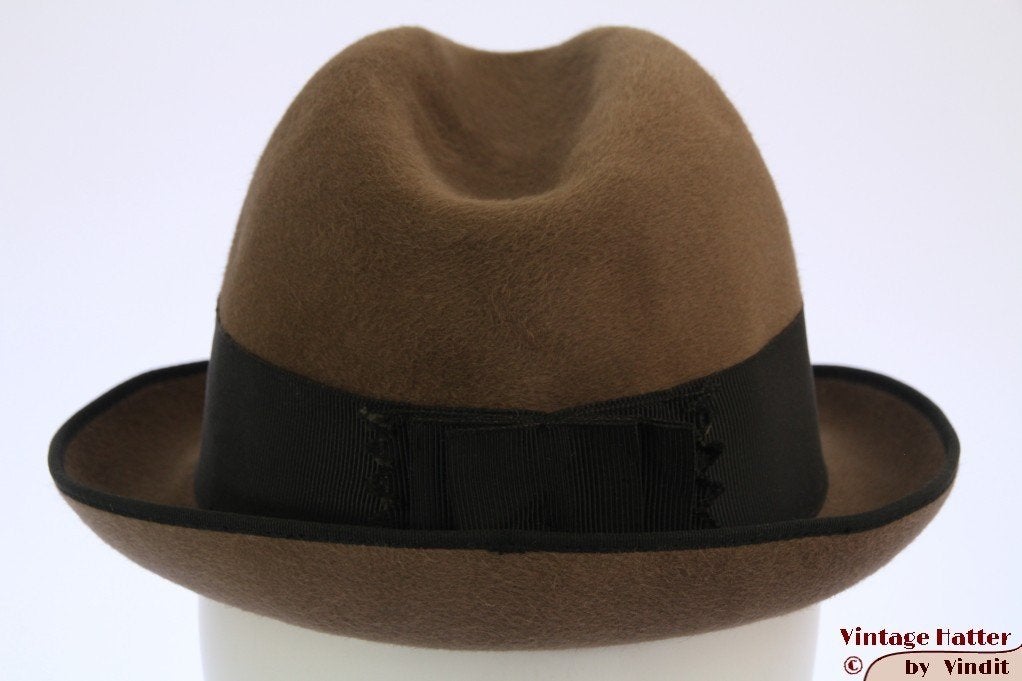 Vintage Gleufhoed Trilby Lembert beige grijs vilt 54 = XS, Hoed, Lembert, Ophalen of Verzenden, 57 cm (M, 7⅛ inch) of minder