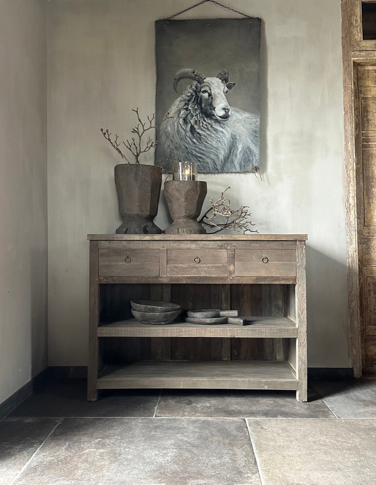Sidetable Driftwood 3 lades, Huis en Inrichting, Tafels | Sidetables, 100 tot 150 cm, Nieuw, Ophalen of Verzenden, Landelijk, sober