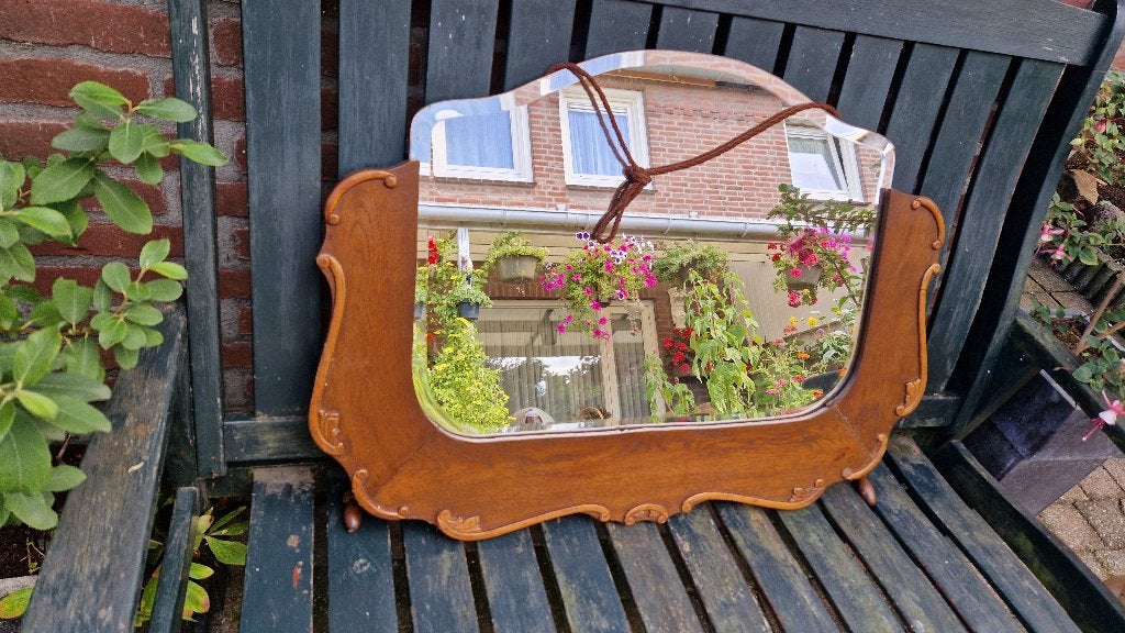 antieke houten wandspiegel, Ophalen of Verzenden, Overige vormen, 50 tot 100 cm, Minder dan 100 cm