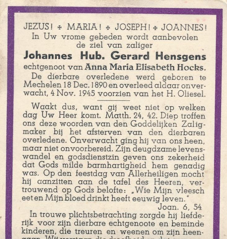 Mechelen 1890-1945 Johannes H. G. Hensgens /Anna Hoeks, Ophalen of Verzenden, Bidprentje