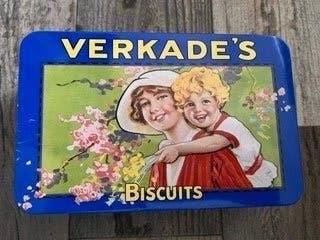 Verkade, koektrommel al heel oud en nog heel mooi., Verzamelen, Ophalen of Verzenden, Gebruikt, Koek(jes), Overige merken