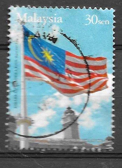 Maleisië postzegel 30 sen met vlag-voor Hans Thijssen 0.05, Ophalen of Verzenden, Gestempeld, Zuidoost-Azië
