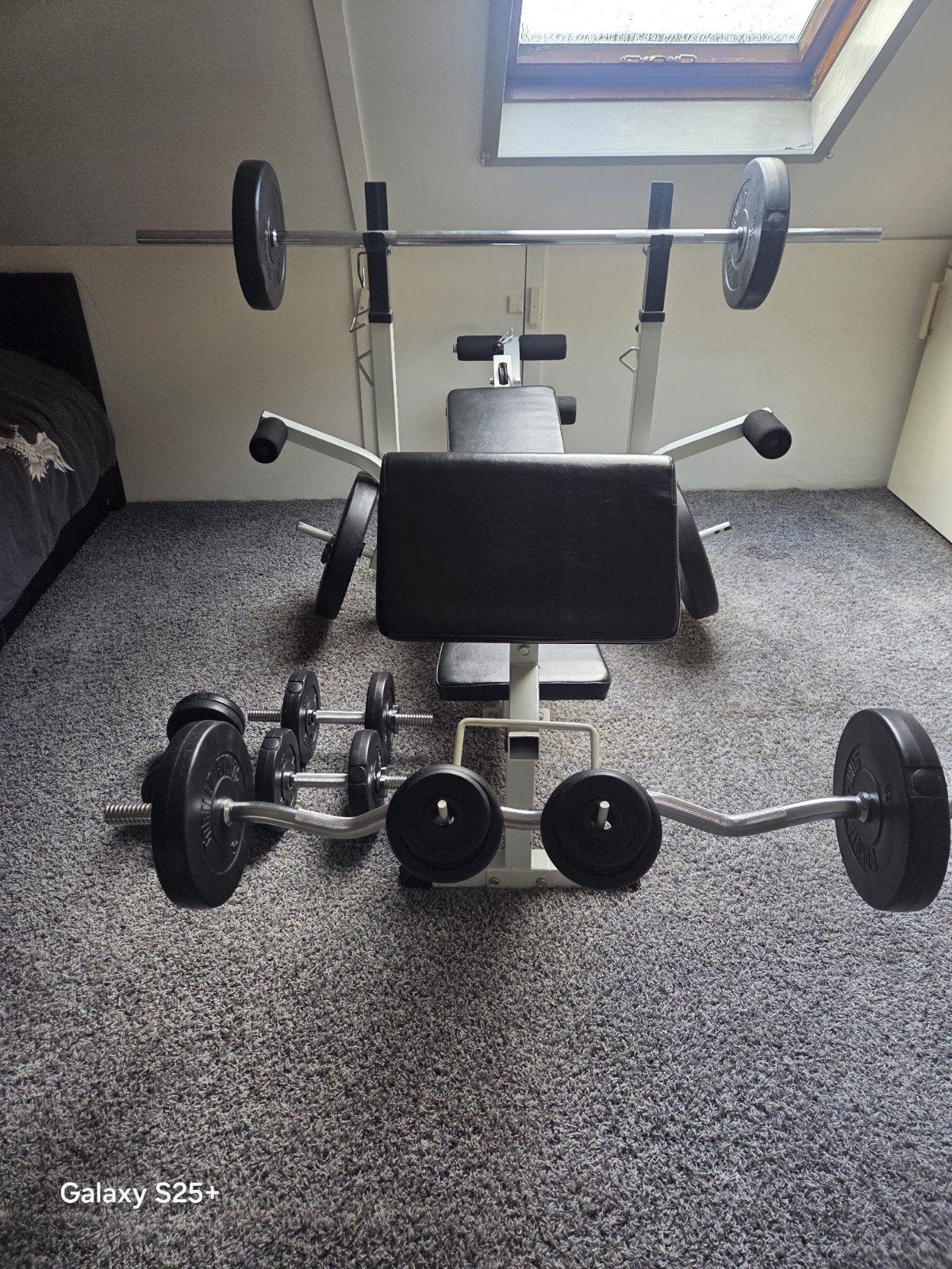 Complete fitness set: halterbank, halters en gewichten, Ophalen, Gebruikt, Armen, Fitnessbank