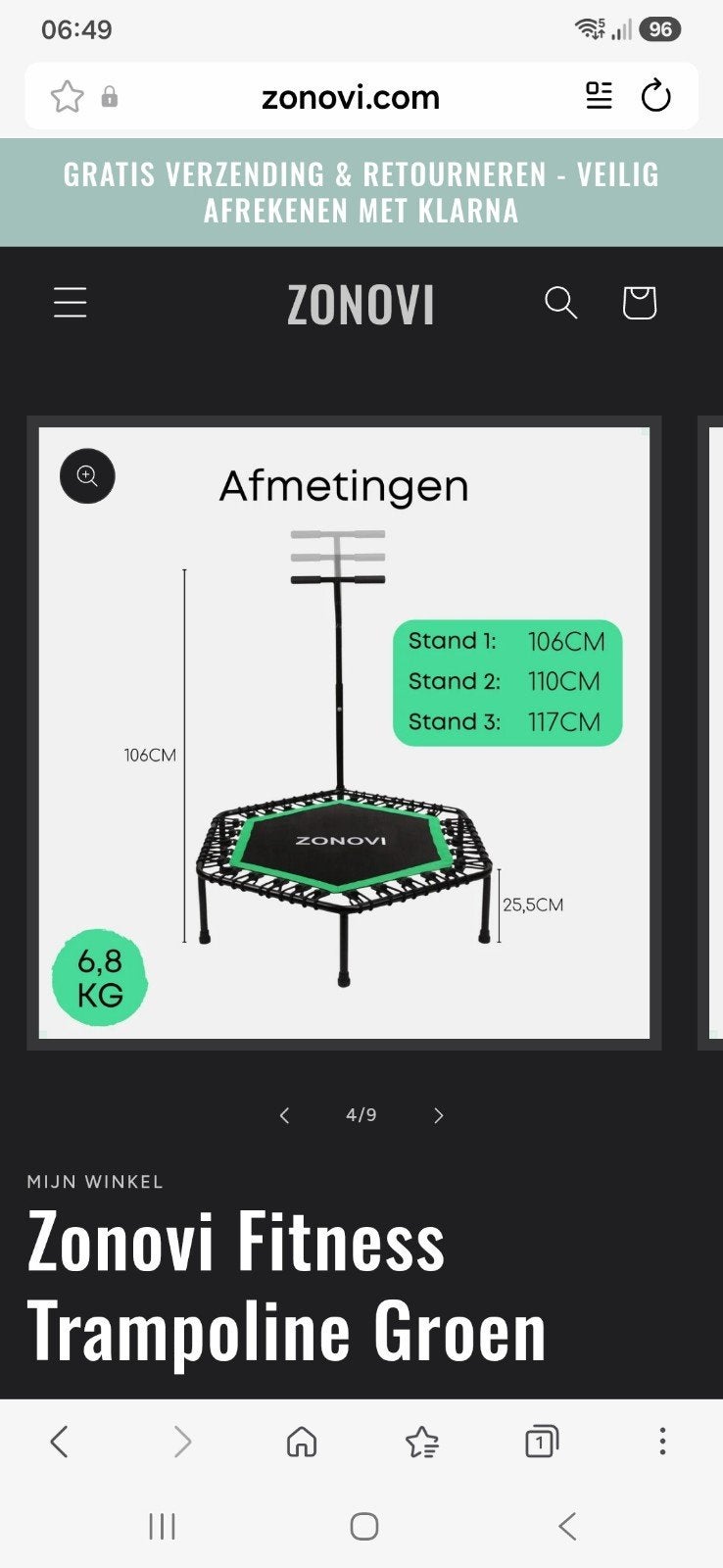 Fitness Trampoline Zonovi groen/zwart, Sport en Fitness, Ophalen, Zo goed als nieuw