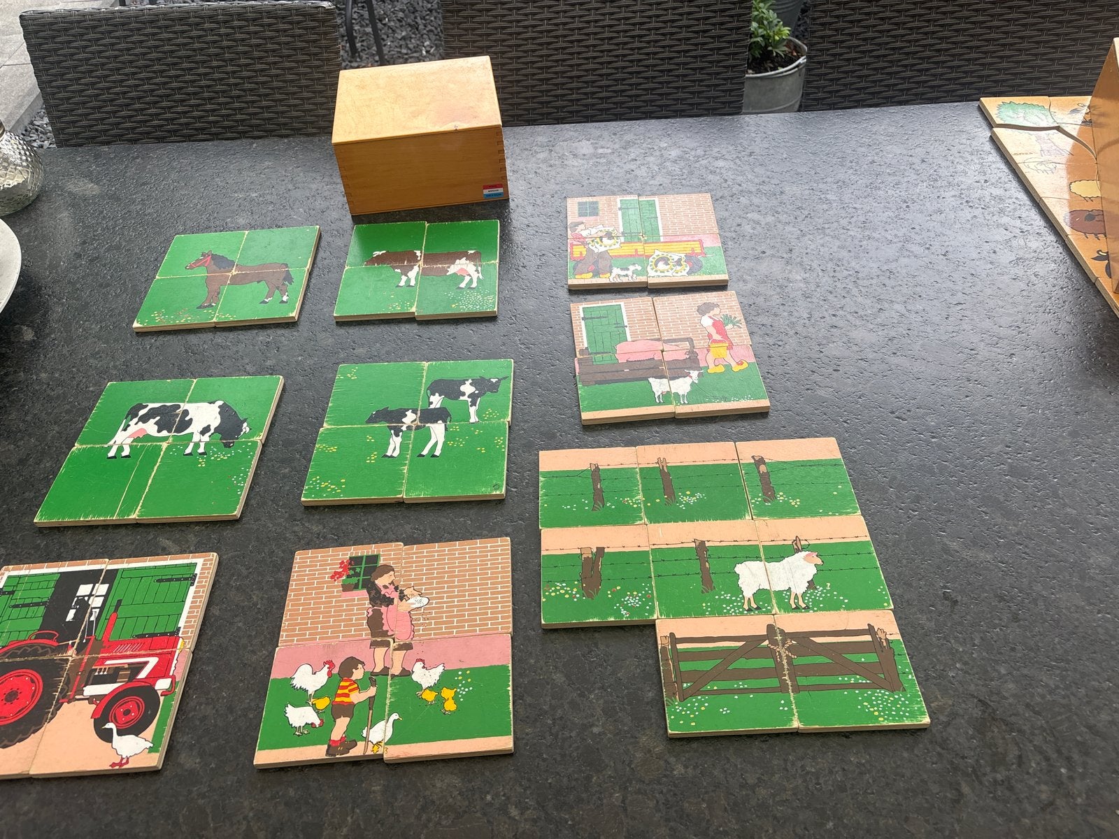 Vintage houten boerderij puzzel set, Ophalen of Verzenden, Gebruikt, Puzzelen