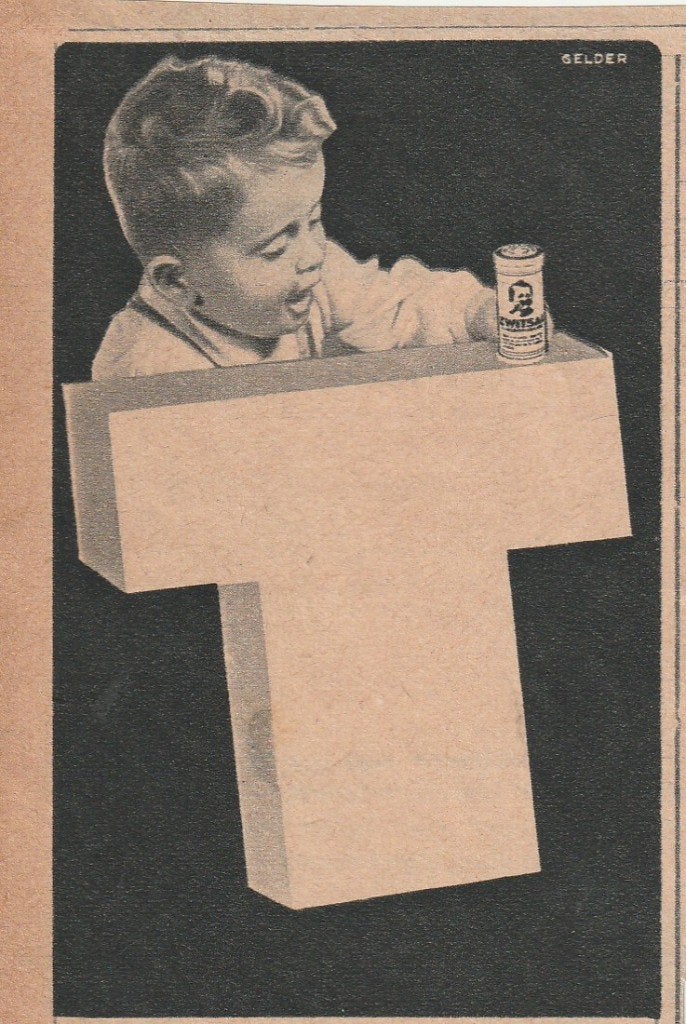retro reclame 1946 Zwitsal baby poederbus de letter T, Verzamelen, Retro, Verzenden, Overige typen