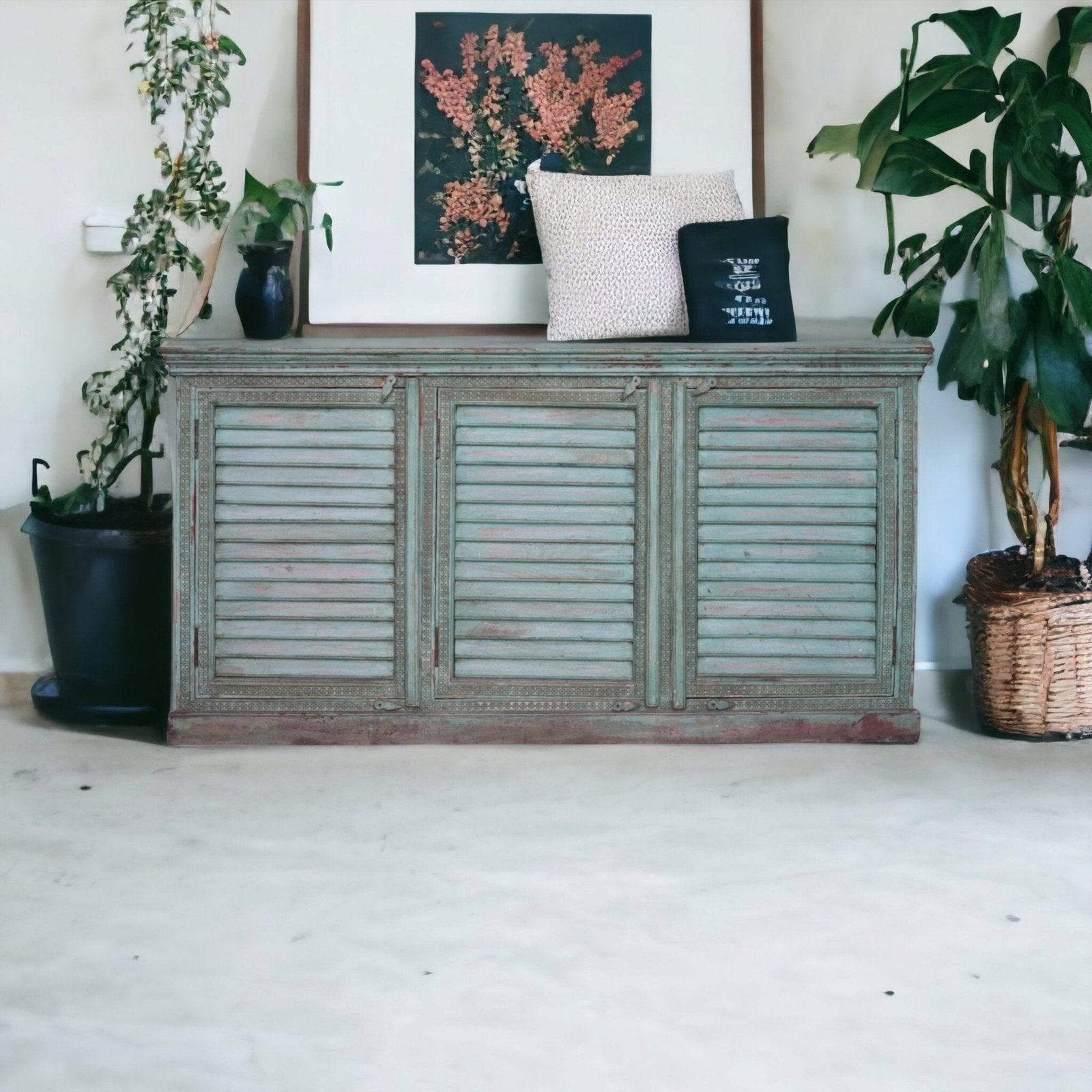 Dressoir India | Ibiza Boho | 200cm Groen messing elementen, Met deur(en), 150 tot 200 cm, Nieuw, Ophalen of Verzenden