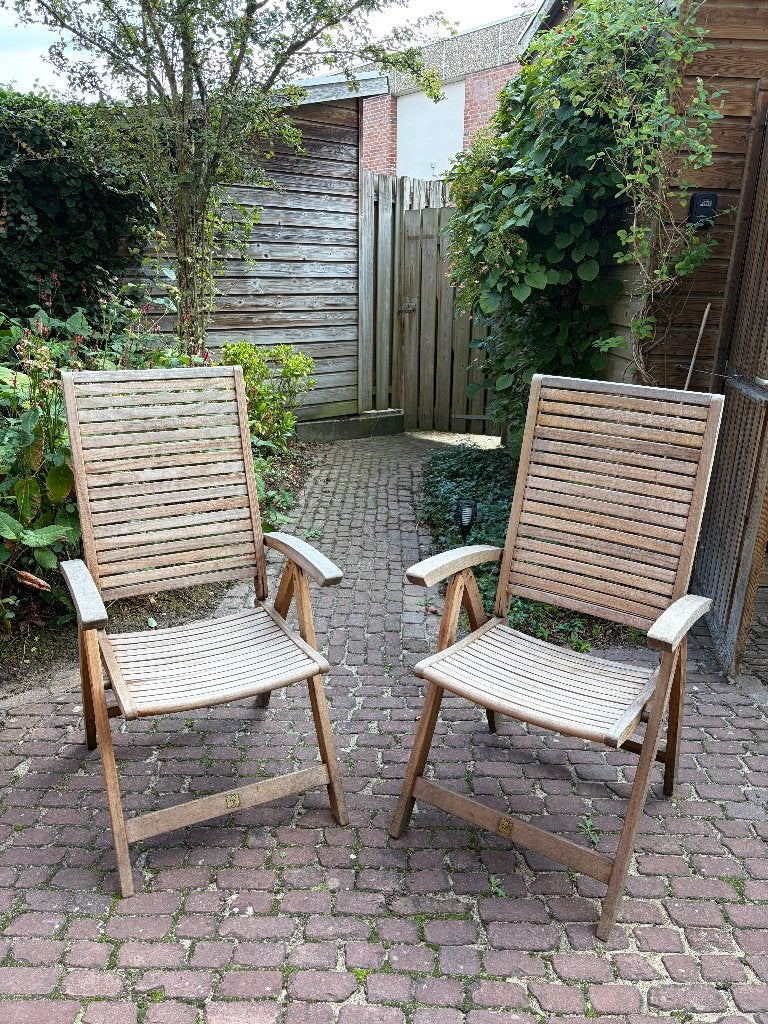 Twee houten verstelbare tuinstoelen, Tuin en Terras, Ophalen, Gebruikt, Hout, Verstelbaar