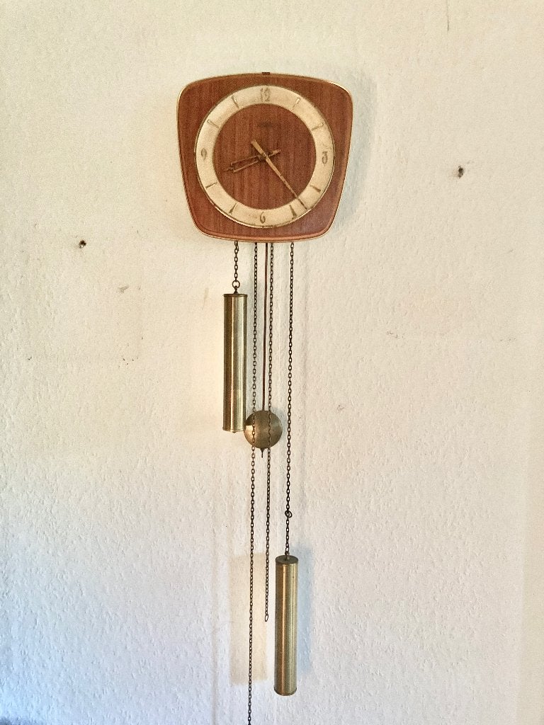 Wandklok teak hout - jaren 60, Ophalen of Verzenden, Huis en Inrichting