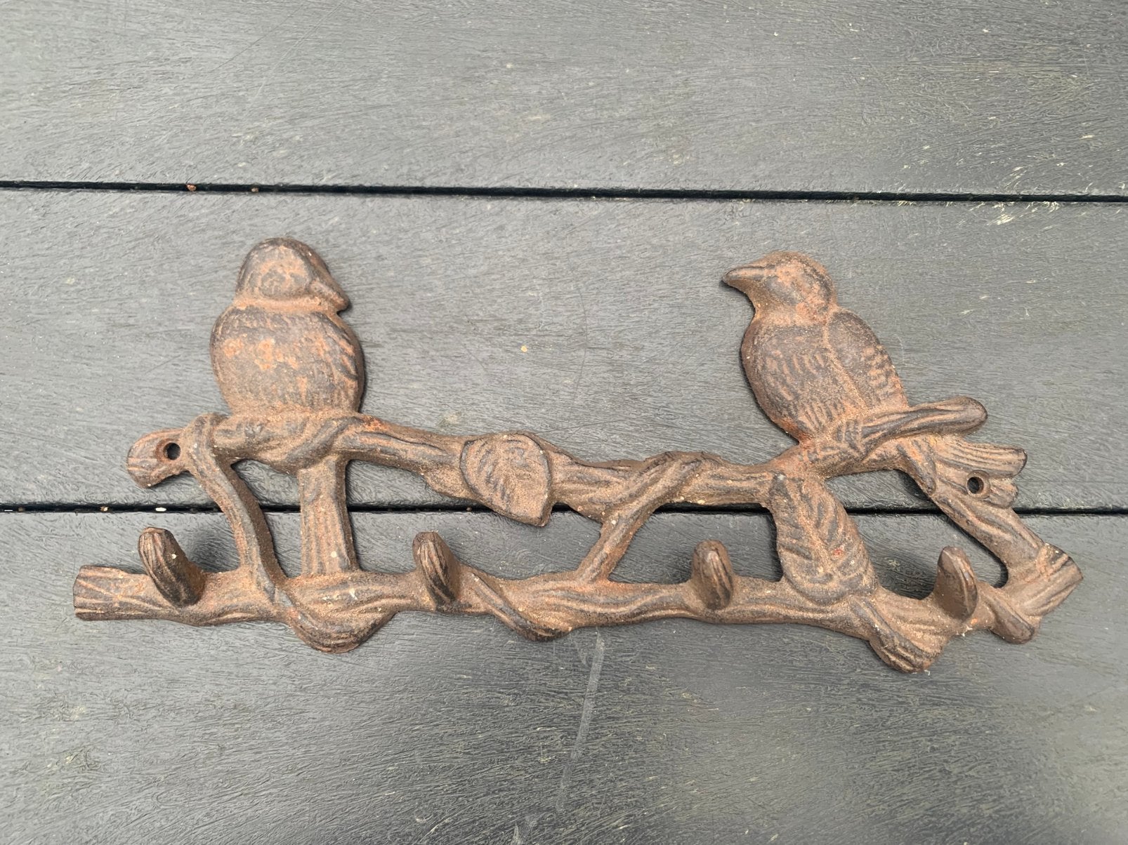 Metalen gietijzeren kapstok met 2 vogels, 30 x 13 cm., Wandkapstok, Gebruikt, Ophalen of Verzenden, Minder dan 100 cm