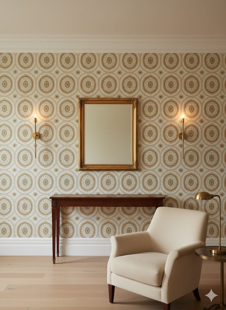 14224 barok medaillon behang met goud en creme swiet, Verzenden, Minder dan 10 m², Bruin