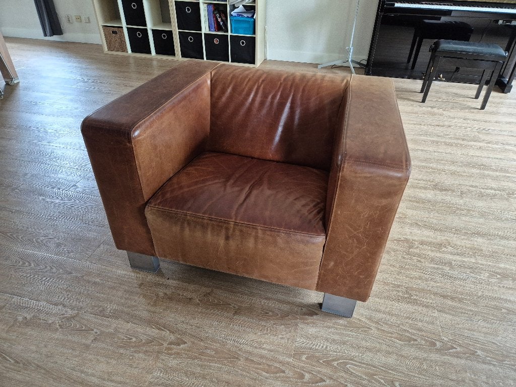 Luxe fauteuil leer bruin, Ophalen, Gebruikt, 100 tot 125 cm, Modern