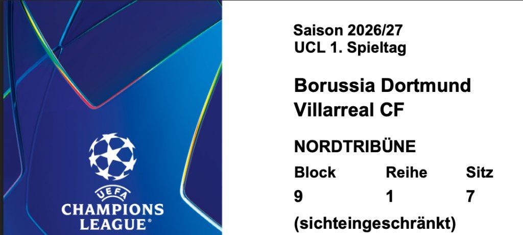 Champions league wedstrijd Dortmund-Villareal 2 tickets, Losse kaart, Twee personen, September, Europa of Champions League