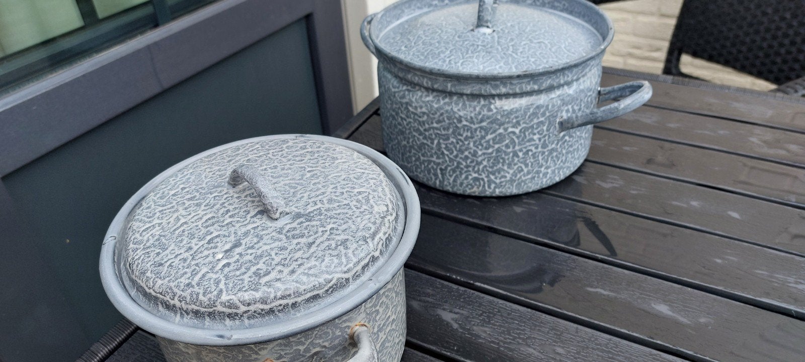 Vintage pannen emaille grijs gewolkt 2×/, Huis en Inrichting, Keuken | Potten en Pannen, Ophalen of Verzenden, Gebruikt, Overige materialen