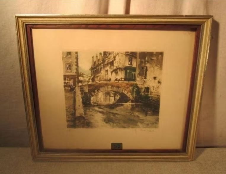 Mooie Ets 'Oude Brug' - gesigneerd, Ophalen of Verzenden, Landschap, Ets, Ingelijst