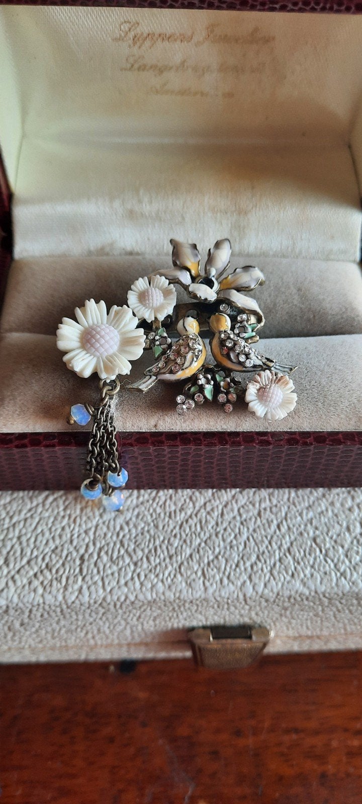 Antieke broche Les Néréides met vogels,emaille  cloisonné., Sieraden, Tassen en Uiterlijk, Antieke sieraden, Ophalen of Verzenden